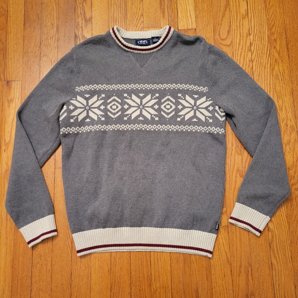 Chaps Gray Fair Isle Snowflake Winter Sweater M‎ Cozy Pullover Knit Gift Holiday